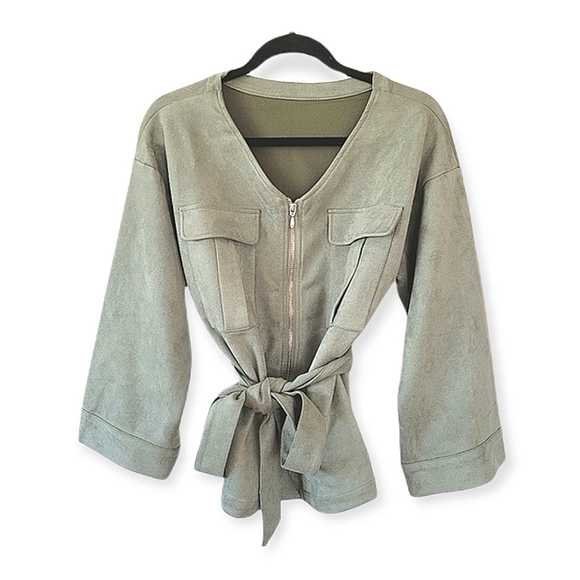 Jackets & Blazers - SUEDE Jade Green Wide Long Sleeve V Neck Waist Tie Jacket